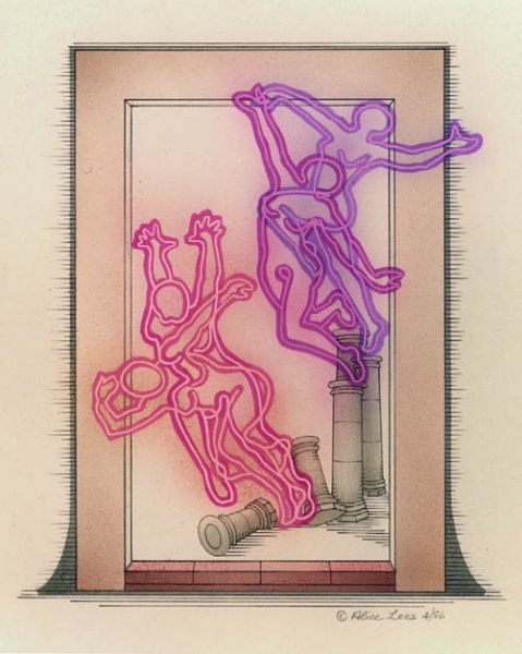 Descending Caryatids, 18½” x 16½, framed; 1986 	    <br>pencil, watercolor, fluorescent acrylic paint on paper