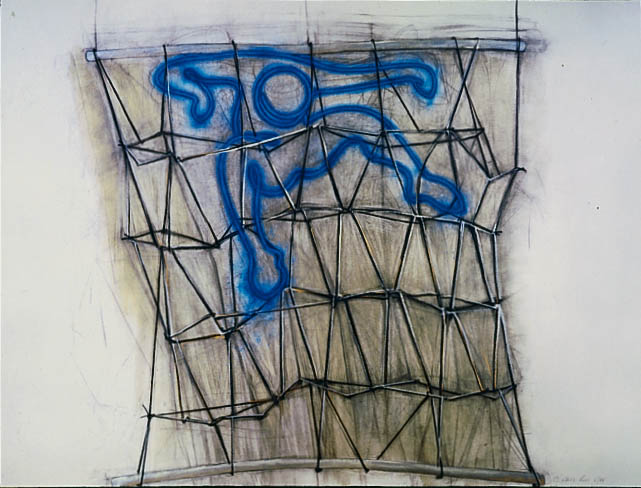 Neon Mannequin in Net; 1984 	    <br>charcoal and acrylic fluorescent paint on paper