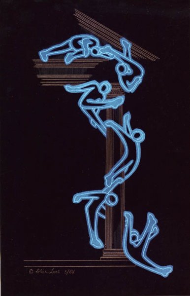 Moving Column 3, 14” x 10”; 1984 	   <br> fluorescent acrylic paint, colored pencil, on black paper, with blacklight