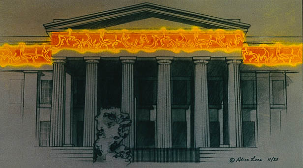 Moving Frieze at the NMAA, 8½” x 15”;1983 	    <br>pencil, fluorescent acrylic paint on paper, with blacklight