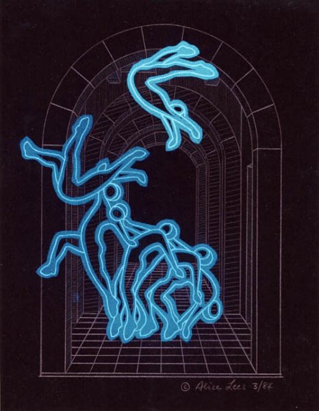Curving Leap, 12” x 9”; 1984 	    <br>fluorescent acrylic paint, colored pencil on black paper, with blacklight