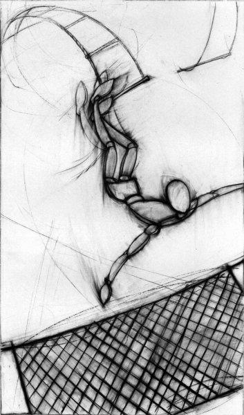 Figure Falling into Net, 66” x 40”;  charcoal on paper; 1978