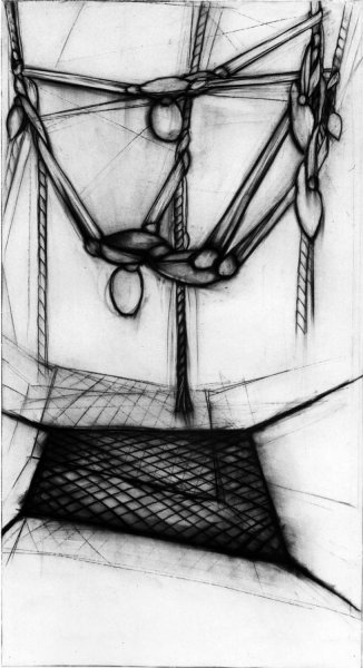 Figures Hanging Over Net, 52” x 36”;  charcoal on paper; 1978