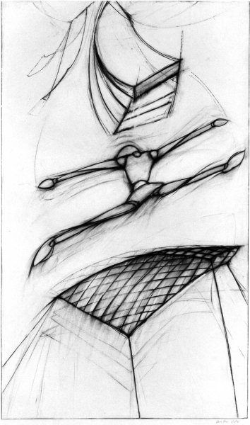 Figure Leaping Over Net, 67” x 42”; charcoal on paper; 1979
