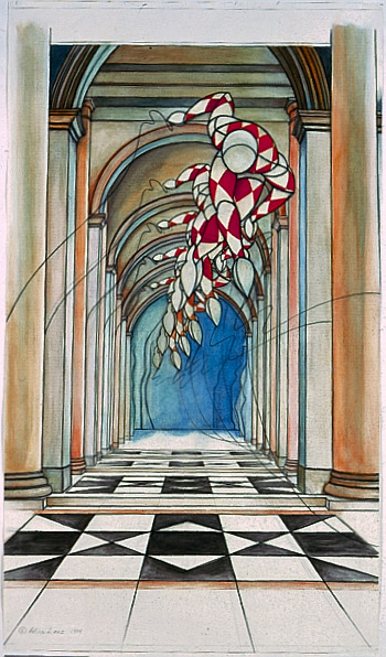 Inflatables in the Parker Meridian Hotel, 106” x 62”; mixed media on paper; 1984