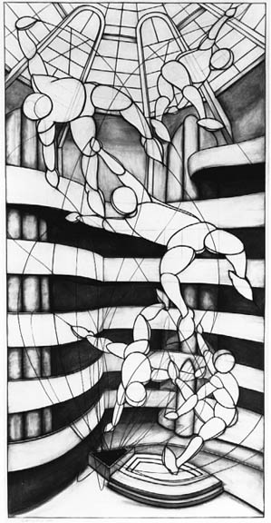 Inflatables in the Guggenheim, 126” x 62”; charcoal on paper; 1983