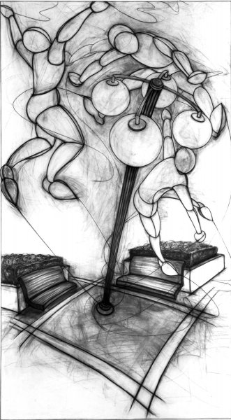 Inflatables over the F Street Mall, 114” x 62”; charcoal on paper; 1983