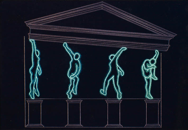 Liberated Caryatids, 9” x 15”; 1984 	    <br>fluorescent acrylic paint, colored pencil, on black paper, with blacklight