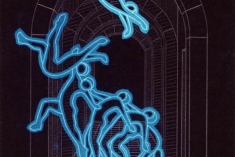 Curving Leap, 12” x 9”; 1984 	    <br>fluorescent acrylic paint, colored pencil on black paper, with blacklight