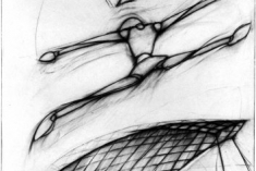 Figure Leaping Over Net, 67” x 42”; charcoal on paper; 1979
