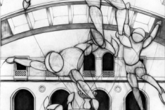 Inflatables it the Agriculture Building, 112½ x 62”; charcoal on paper; 1983