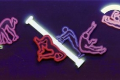 Maquette for Ricochet, 9” x 37” x 2”; 1987 	    <br>acrylic paint and fluorescent paint on wood, with blacklight