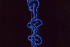 Moving Column 1, 14” x 8”; 1984 	    <br>fluorescent acrylic paint, colored pencil, on black paper, with blacklight