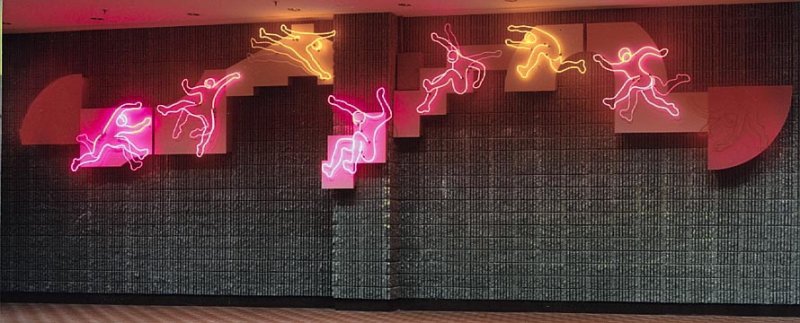 Fantasy Façade, Washington Convention Center; 9’ x 45’ x 15”–25”; 1986 	  <br>animated neon bas-relief; metal, wood, paint