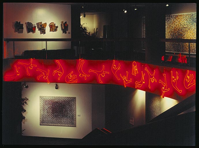 Moving Frieze at the American Institute of Architects; 46” x 35’ x 8”; 1984 <br>animated neon and plexiglas