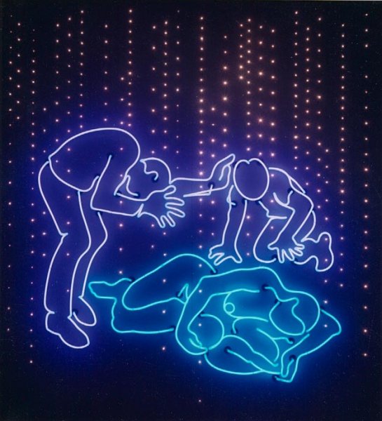 Rainlight: an Elegy, 95” x 75” x 12”; 1988 <br>neon, fiber optics, on painted aluminum case