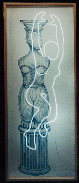 Scrimscreen Caryatid, 88” x 34” x 20”; 1991 <br>neon figure in wooden niche with watercolor drawing on scrim