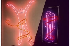Breaking Through, lighted, 67½ x 81½; 1984 <br>animated neon on painted panel