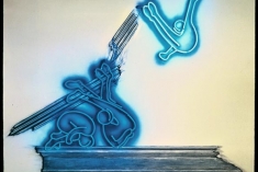 De-Pedimentation, 64” x 81” x 15”; 1984 <br>animated neon on wooden panel, paint, oil stick